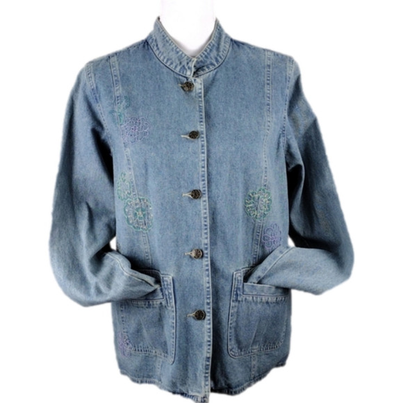 Denim & Co. Vintage Light Blue Embroidered High Collar Button Up Denim Shacket - Picture 1 of 14